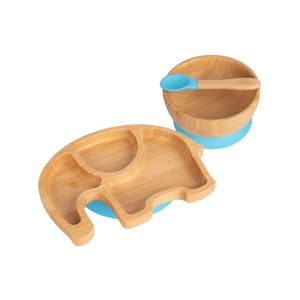 Tiny Dining Children's Bamboo Elephant Plate, Bowl and Spoon with Suction Cups - Segmented Design, - Blue