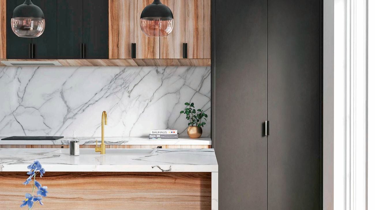Rendered image of a bold, modern kitchen that includes black and timber cabinetry, marble-look benchtop and brass tapware