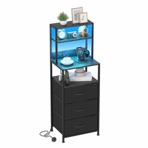 Advwin LED Bedside Table with Charging Station 3 Fabric Drawers Nightstand Black