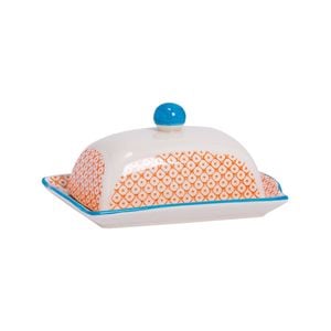 Nicola Spring Hand Printed Butter Dish - Ceramic Porcelain Spread Container Plate with Lid - 18.5cm