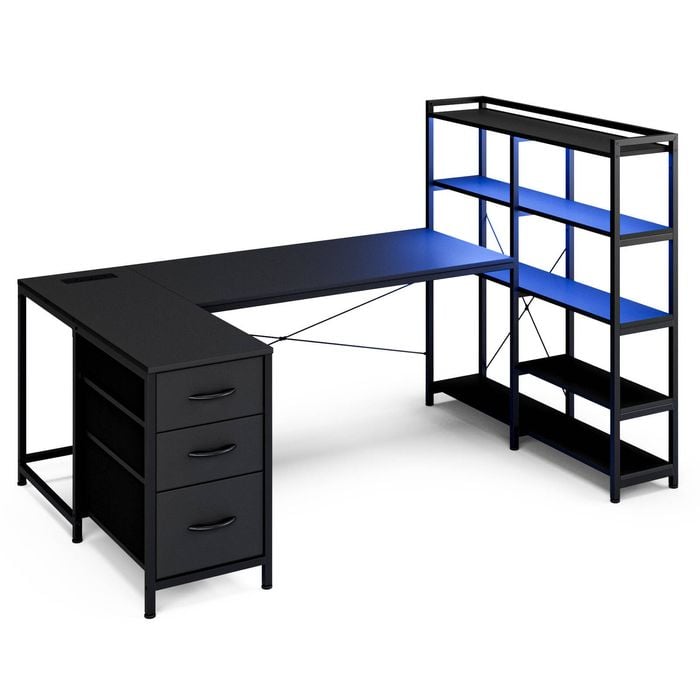 Advwin U Shaped Gaming Desk with LED Lights & Power Outlets, Reversible 164cm Computer Desk with 3 Drawers and Bookshelf Black
