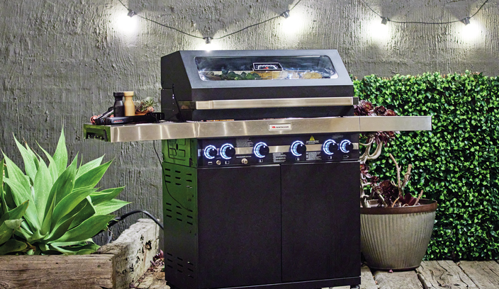 BBQ sitting on a timber deck, render wall in the back ground and potted plants