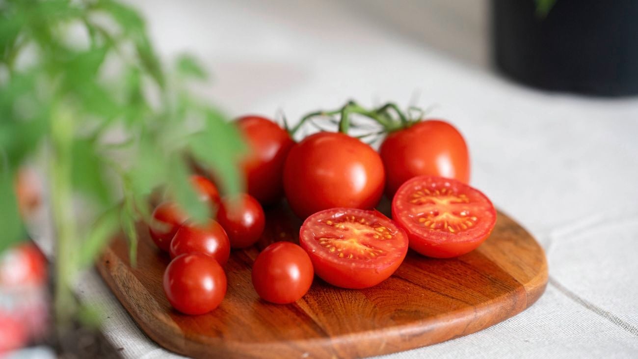 Red tomatoes are arranged on a chopping board.