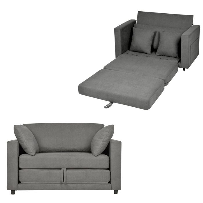 Ufurniture 130cm Convertible 2 Seater Sofa Bed Linen Loveseat Floor Sleeper Sofa w/ 2 Pillow & Side Pocket Grey