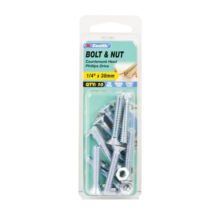 Zenith 1/4" x 38mm Zinc Plated Countersunk Head Bolt And Nut - 10 Pack