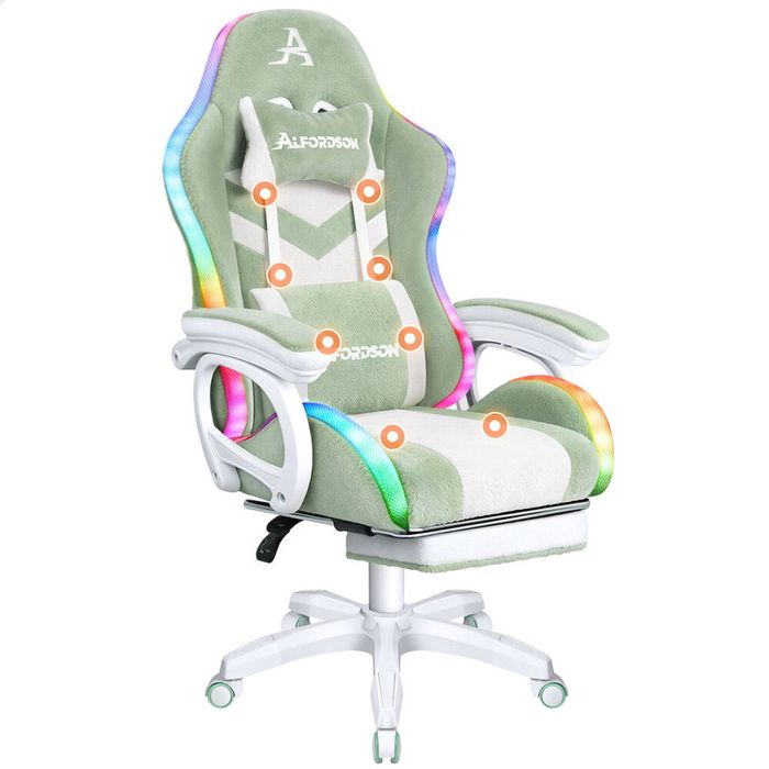 ALFORDSON Gaming Office Chair Sherpa Fleece Massage RGB Green