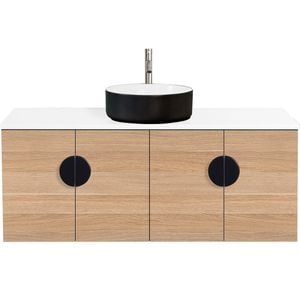 CIBO 1200mm Oak Mornington Wall Hung Vanity with Black / White Basin and Black Handles