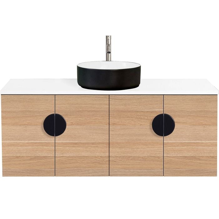 CIBO 1200mm Oak Mornington Wall Hung Vanity With Black / White Basin And Black Handles