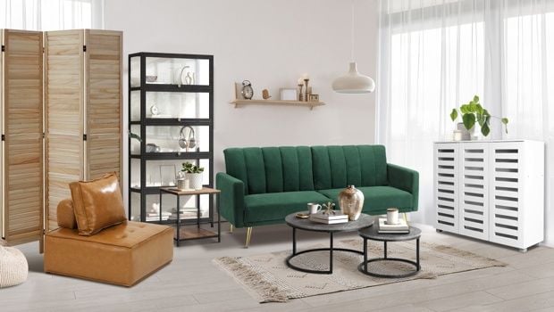 a living room with a couch, centre table, glass cupboard