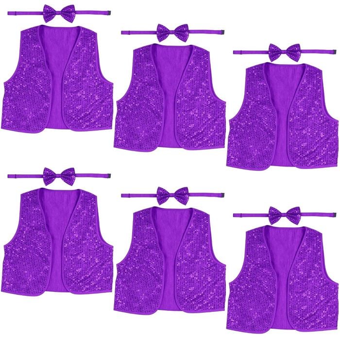 6x Kids Sequin Vest Bow Tie Set Costume 80s Party Dress Up Waistcoat Purple