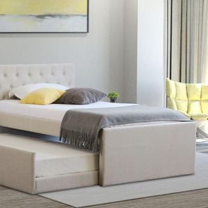 Istyle Norman King Single Trundle Storage Bed Frame Fabric White Oak Beige