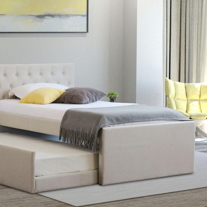 Istyle Norman King Single Trundle Storage Bed Frame Fabric White Oak Beige