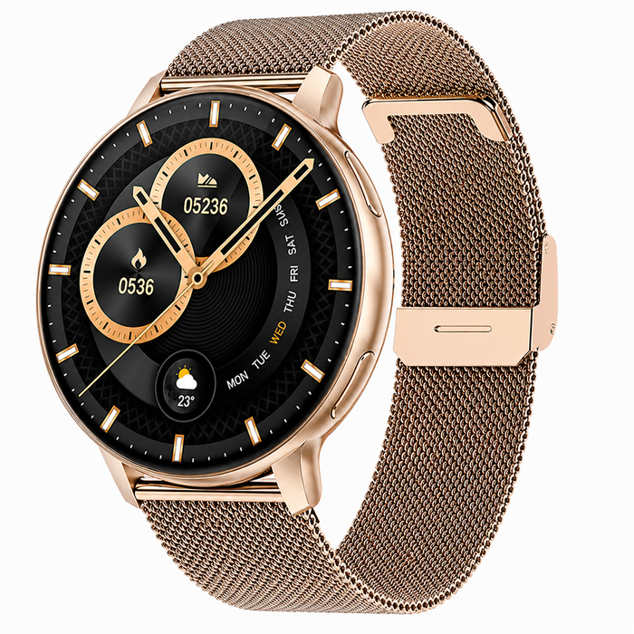 Smart Watch Amoled Screen Bluetooth Call Health Sleep Monitor Fitness Tracker Sports Watch  Mesh Gold