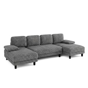 Advwin 280cm 4 Seater Sectional Sofa Corduroy Fabric U Shape Couch Modern Sofa Couch with Double Chaise Deep Grey