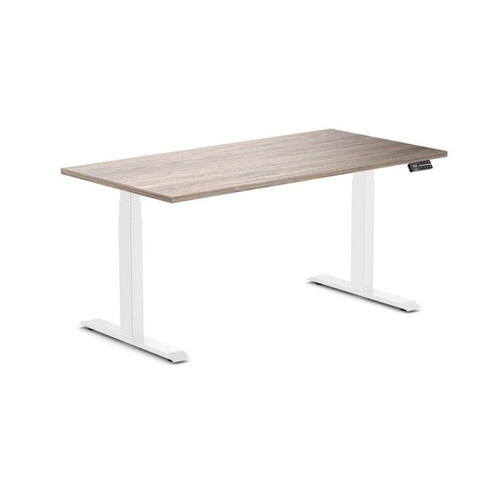 Desky Dual Sit To Stand Natural Walnut Melamine Desk 150x75cm White Height Adjustable Legs