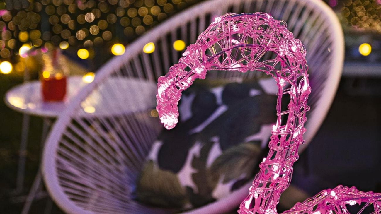 Pink lights in the shape of a flamingo head.