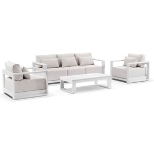 Whitehaven 3+1+1 Seater Outdoor Aluminium Lounge Set White With Santorini Coffee Table & Sandstone Cushions
