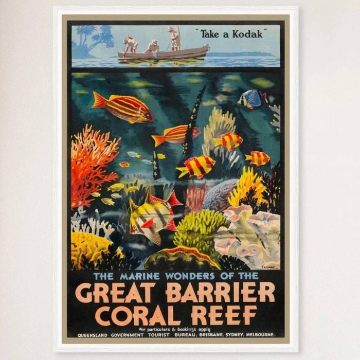 Galrie Vintage Great Barrier Reef Travel Poster by Roger Broders Queensland Australia Art, White Frame,A0 84 x 119cm (33x47inch)