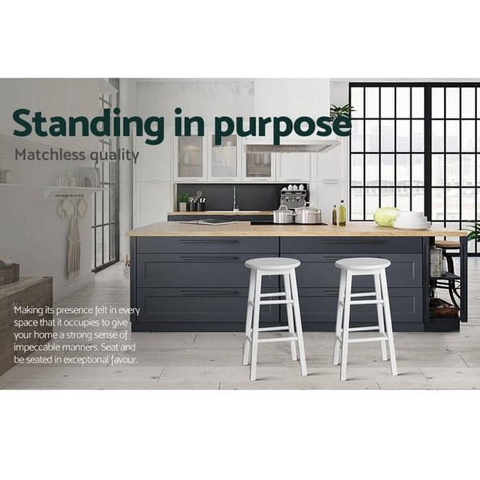 Homfurn 2x Bar Stools Round Wooden 61cm White Beech Kitchen Counter Pub Set