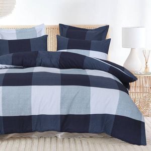 King Bed Quilt Cover Set with European Pillowcase - Blue Check