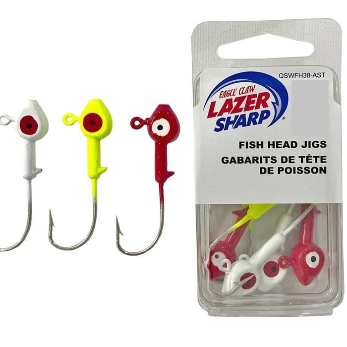 10 Pack of 1/8oz Size 1/0 Eagle Claw Lazer Sharp Fish Head Jigs-Assorted Colours