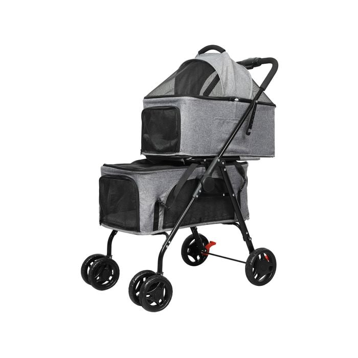 Pawz Foldable Two-Tier Double Pet Stroller Grey