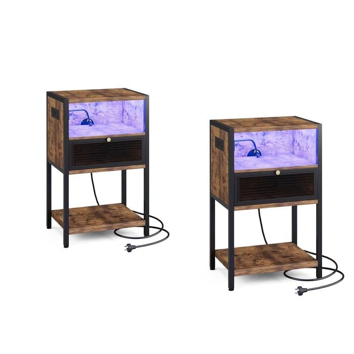 Ufurniture 2xside Table With Led Light And Power Outlet Metal Mesh Drawer And Open Shelves Industrial Brown