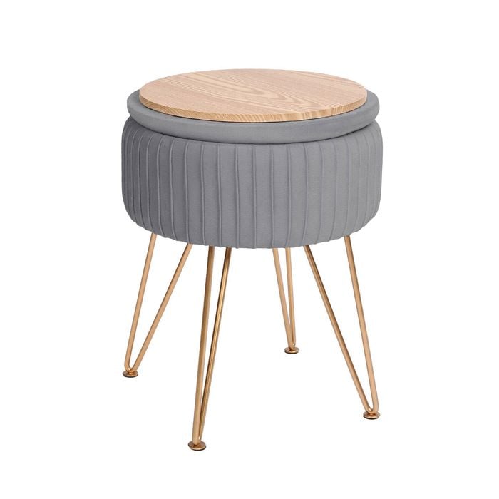 La Bella Grey Side Table Storage Ottoman - Velvet Stool Vanity Footstool REMY