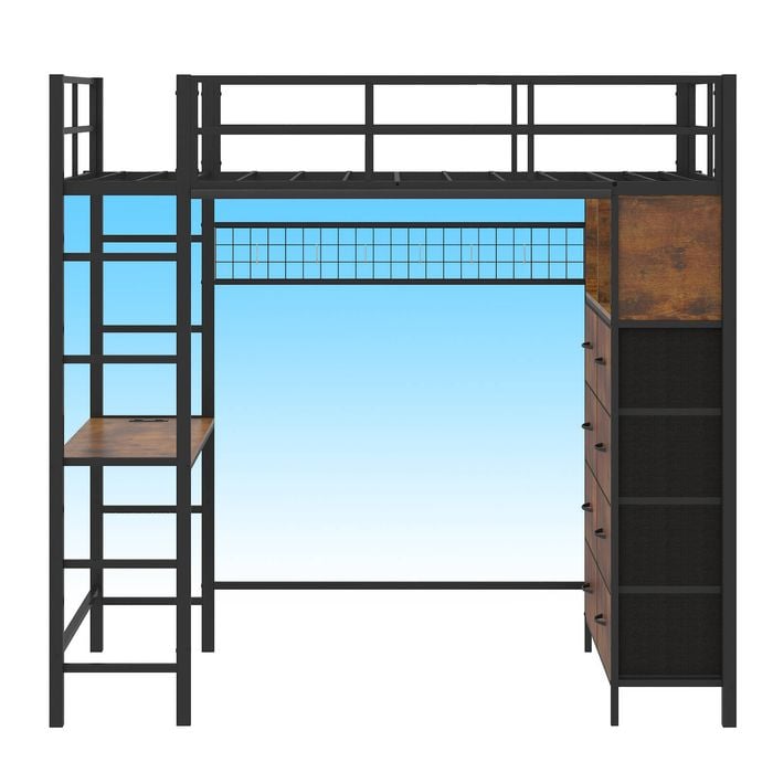 Ufurniture Loft Bed With Power Outlet Single Led Bunk Bed With Desk & Storage Dual Ladder Heavy Duty Metal Bed Frame Black