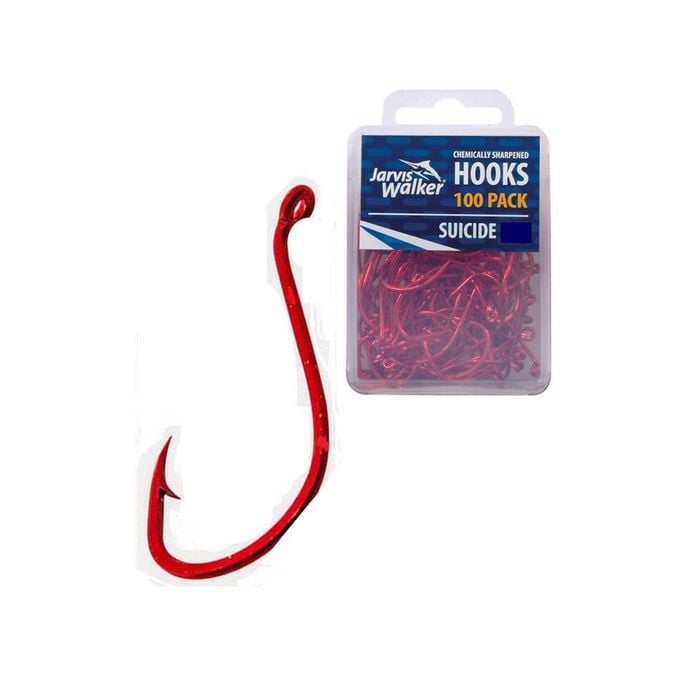 100 x Jarvis Walker Size 3/0 Suicide Octopus Hooks-Red Chemically Sharpened