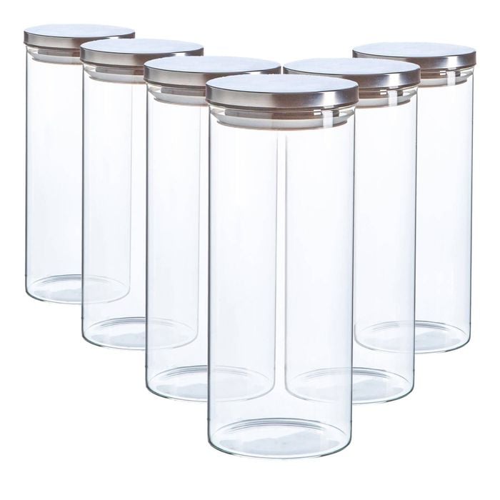 Argon Tableware Glass Storage Jar - Silver Lid - 1.5 Litre - 6x Modern Round Scandi Organisation Container Glass Jar