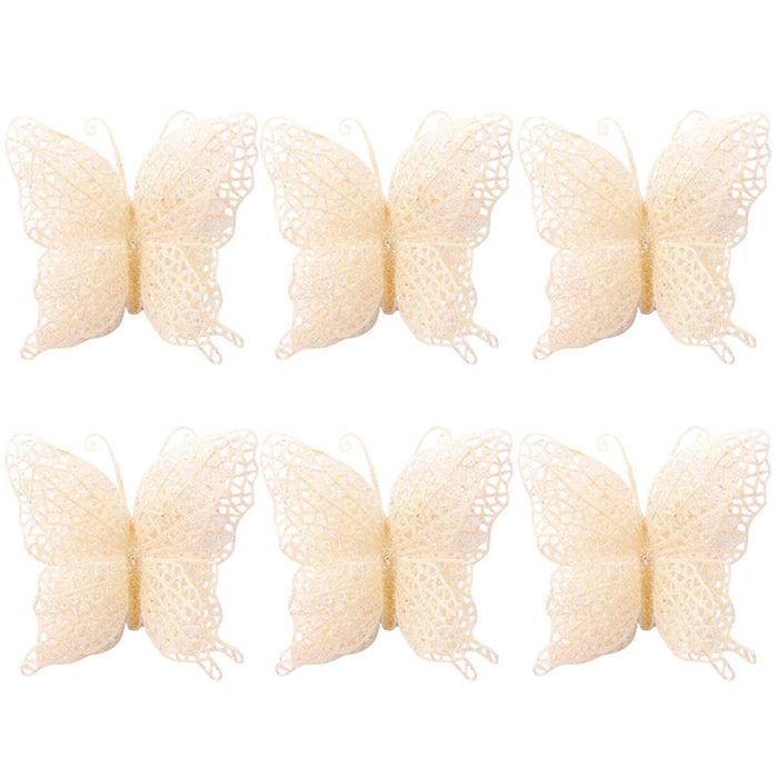 Catzon 6Pcs Glittery Butterfly Ornament with Handles for Christmas-White