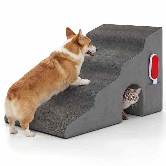 Costway 4-Tier Dog Stairs Pet Ramp Foam with Pet Hair Remover Grey