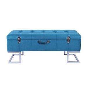 P&P Blue Velvet Storage Ottoman Bench Silver Metal Base Modern Seating Unit