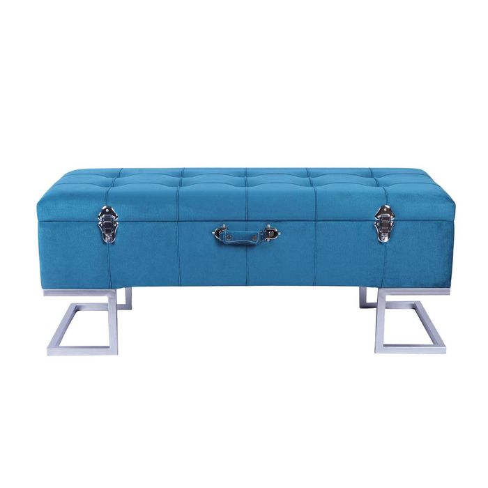 P&P Blue Velvet Storage Ottoman Bench Silver Metal Base Modern Seating Unit