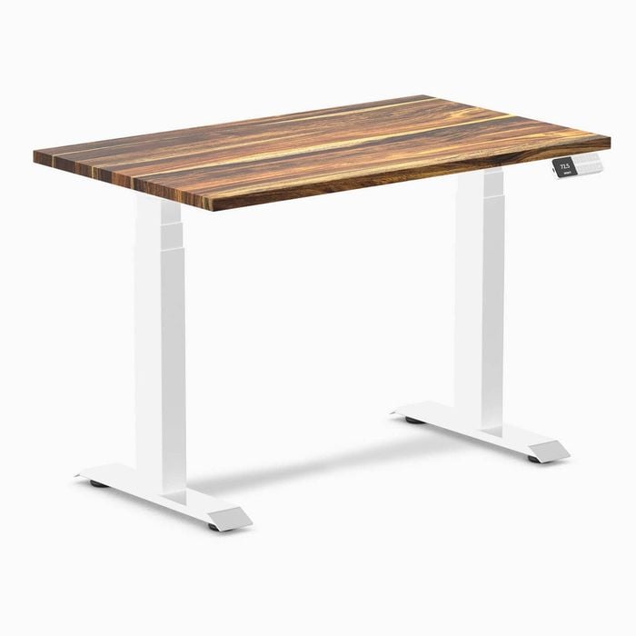 Desky Dual Mini Pheasantwood Hardwood Sit To Stand Desk 1000x600mm White Frame