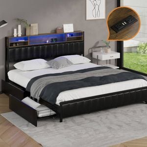 Oikiture Bed Frame King Size with 4 Drawers Charging Station & LED Storage Bookcase