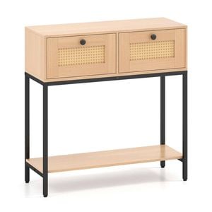 Costway 2-tier Boho Console Table Hallway Sofa Side W/rattan Drawer Natural