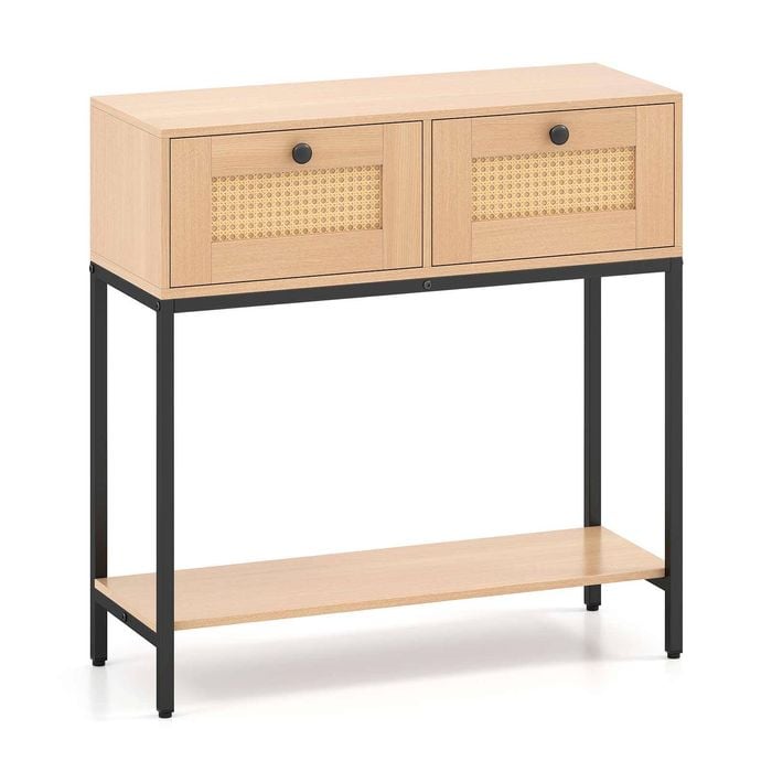 Costway 2-tier Boho Console Table Hallway Sofa Side W/rattan Drawer Natural