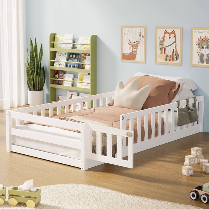 Oikiture Single Kids Bed Frame with Gate Fence Wood White