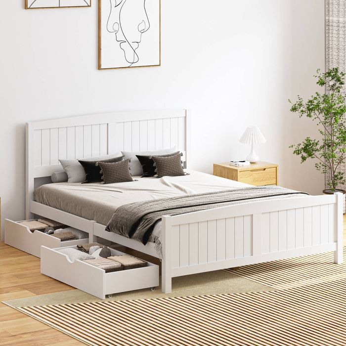 Oikiture Wooden Bed Frame Queen Size with Trundle Drawers White ...