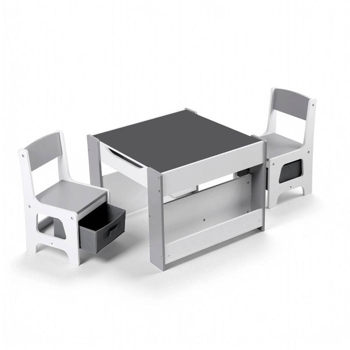 Keezi 4-in-1 Kids Table and Chairs Set with Bookcase & Storagebox, Grey