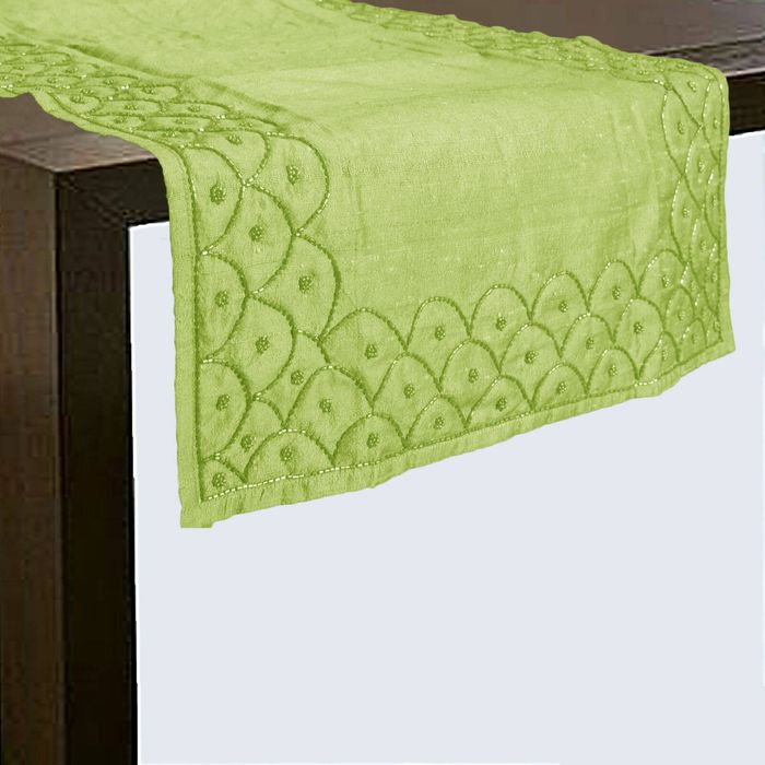 Silk Blend Beaded Table Runner 45cm x 200cm - Shadow Lime