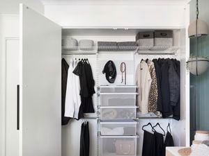 An organised wardrobe with hanging clothes, boxes and storage space.