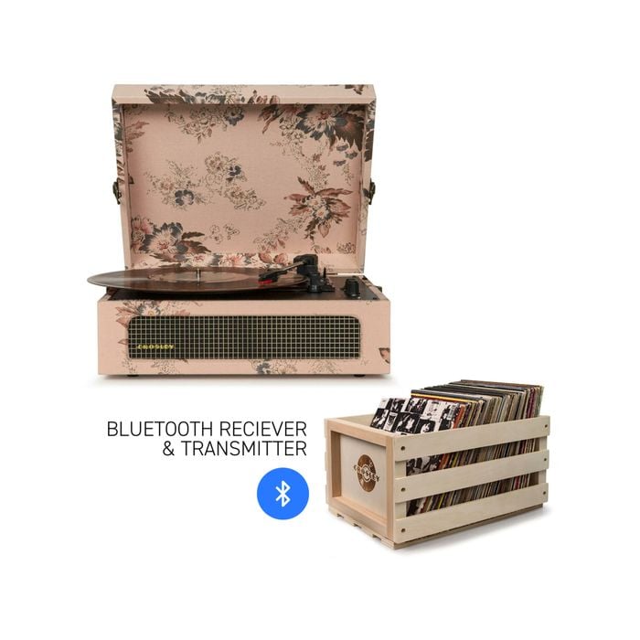 Crosley Voyager Bluetooth Portable Turntable - Floral + Bundled Record Storage Crate