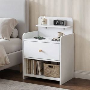 Homfurn Bedside Table With Charging Station – 1 Drawer + Open Shelf, Usb & Type-c, White