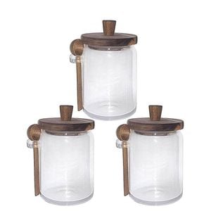 Catzon 3 Pcs Glass Jars with Wooden Lids Scoop for Coffee Tea Sugar 90 X 120mm
