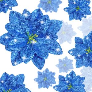 Catzon 24 Pcs Christmas Glitter Poinsettia Flowers for Xmas Tree-Blue