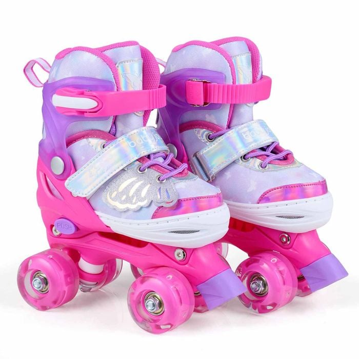Costway Kid 4-size Butterfly Roller Skates Fun Quad Lightup 5-7 Pink