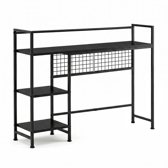 Ufurniture 4-Tier Desk Bookshelf with Storage, Freestanding Tabletop Shelf with Wire Grid & 5 Hooks for Office, Black